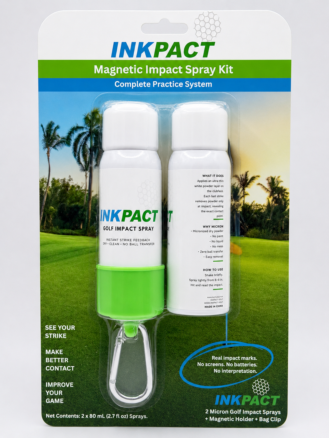 INKPACT Magnetic Impact Spray Kit packaging with two spray bottles and a magnetic holder on a scenic golf course background.